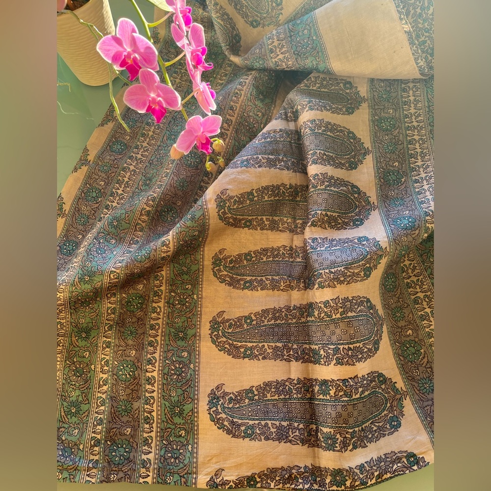 New Fabric Sari 100% Pure Silk Saree Taupe Gray & Turquoise Blue Floral Paisley